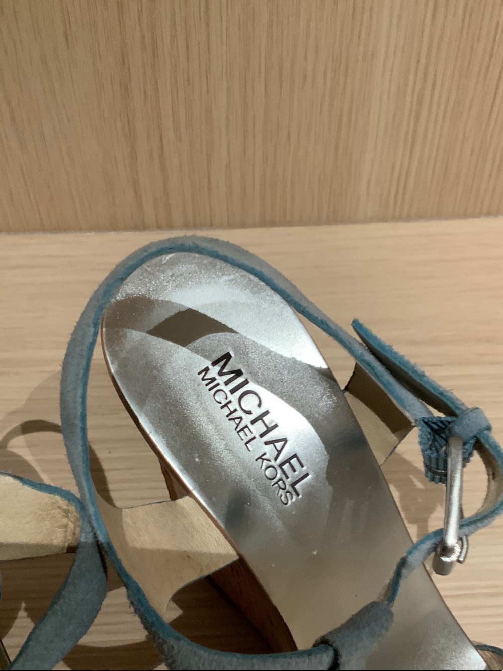 MICHAEL Michael Kors Light Blue Suede Cork Wedge Sandals - Picture 4 of 6